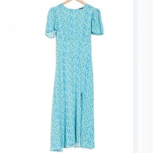 Afrm Jamie Print Open Back Short Sleeve Dress In Blue Ditsy  Size Medium